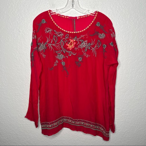 Johnny Was Tops - Johnny Was Womens Embroidered Floral Pink Tunic Swing Top Small Shirt Blouse